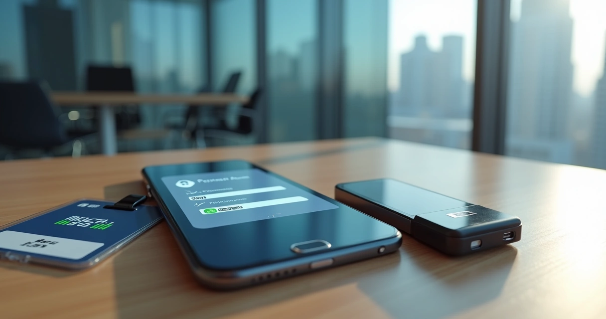 Tela de login corporativo pedindo senha e código 2FA em smartphone ao lado de crachá de empresa