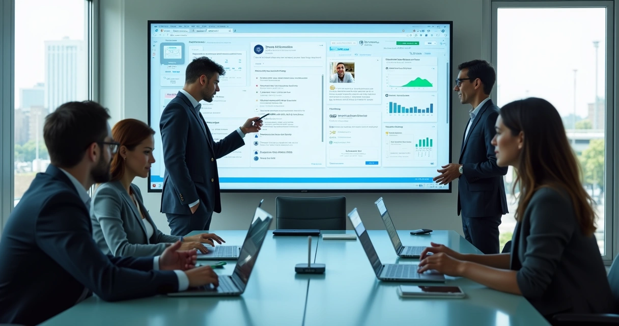 Equipe empresarial colaborando em painel digital integrado de Microsoft 365