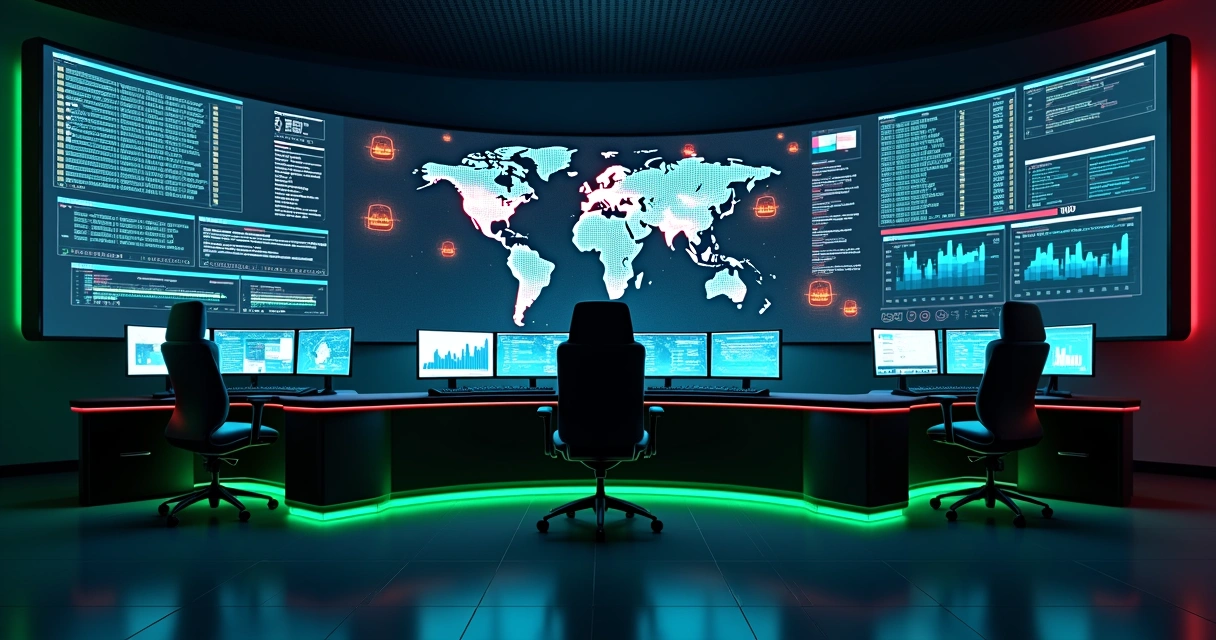 Centro de operações de segurança analisa painel de SIEM com mapa mundial e alertas em tempo real