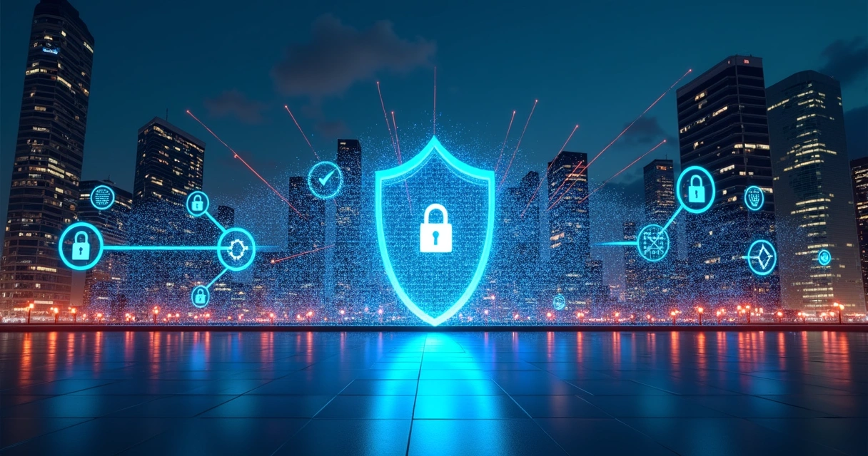 Escudo digital protegendo prédios corporativos contra ameaças virtuais